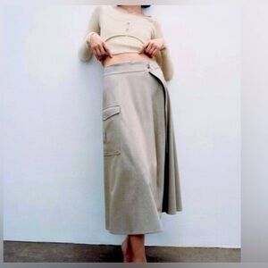 Zara Cargo Wrap Midi Skirt Khaki Beige XS